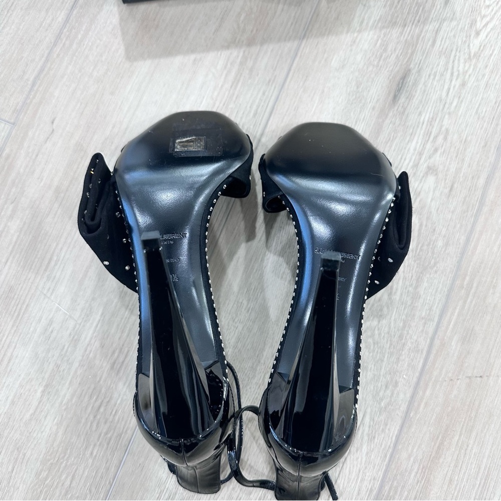 NWT Saint Laurent Freja suede bow crystal open toe heels black 9 EUR 39.5 - Picture 9 of 13